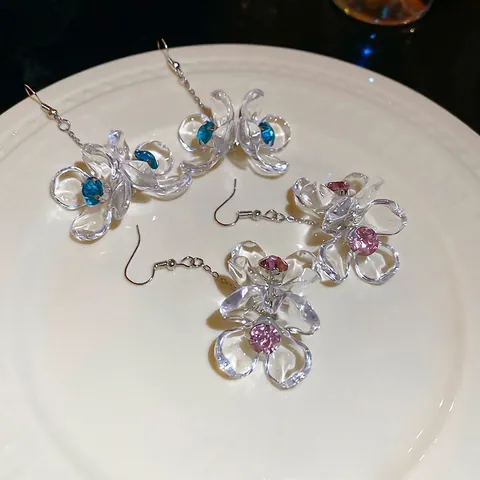 Vintage Elegant Transparent Acrylic Flower Drop Earrings With Rhinestones And 925 Sterling Silver Earring Post For Women