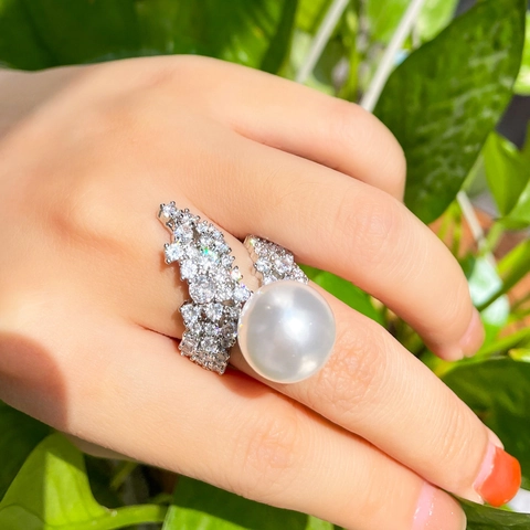 Anello Aperto in Zirconia Perla Artificiale Bianca di Lusso Stile Francese Placcato Rame Elegante Gioielli da Donna