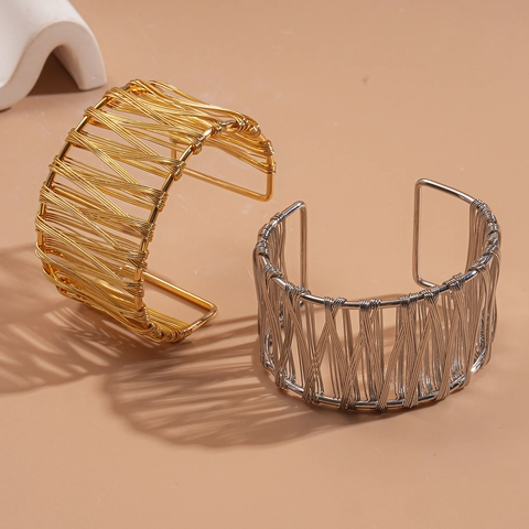 Intertwined Wire Cuff Bracelet Hollow Out Geometric Metal Bangle Wide Adjustable Open Jewelry For Women Minimalist Style