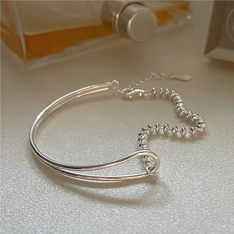 Bracciale Rigido Con Catena A Sfere In Argento Sterling 925 Da Donna Geometrico Doppia Linea Minimalista Elegante Ciondolo A Cuore Regolabile