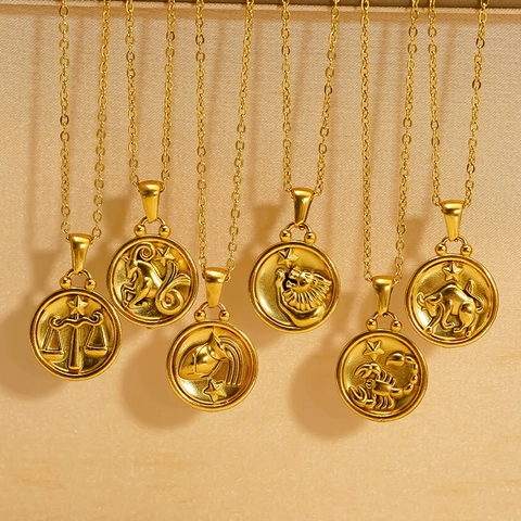 Collier 12 Signes Du Zodiaque Pendentif Pièce Ronde Double Face Bijoux En Acier Inoxydable Plaqué Or 18K Pour Femme