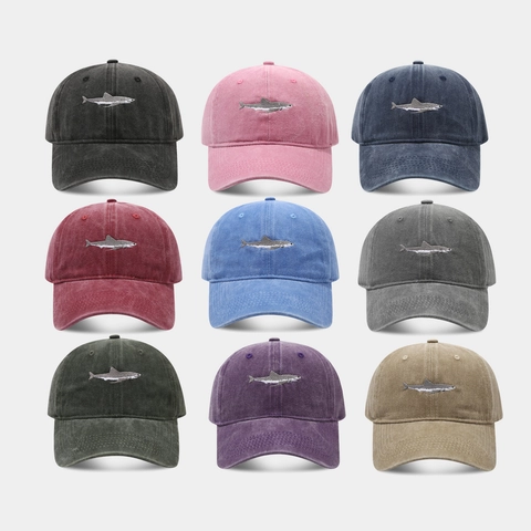 Shark Stickerei Washed Cotton Baseball Cap Distressed Retro Sonnenhut Herren Damen Outdoor Streetwear Verstellbar