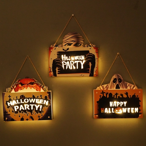 Halloween LED Luminous Hanging Sign Wood Pumpkin Ghost Mummy Atmosphere Door Wall Hanging Battery Operated Decor