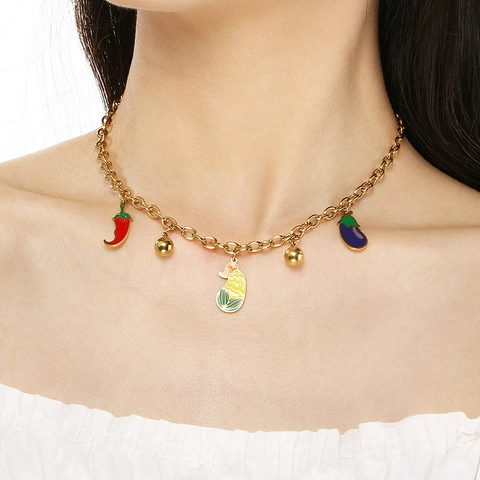 Roestvrijstalen Fruit Groente Hanger Ketting 18K Verguld Emaille Kraal Zirkoon Sieraden Voor Dames Pastorale Stijl