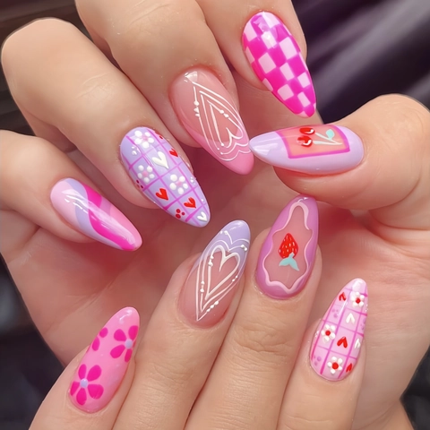 Press On Nails Pink Purple Almond False Nails With Cherry Heart Plaid Pattern Full Cover Removable Plastic For Women