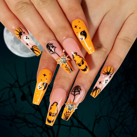 Unghie Finte Halloween Coffin Lunghe Con Ragno In Strass 3D Motivo Zucca Fantasma Lucido Per Donne