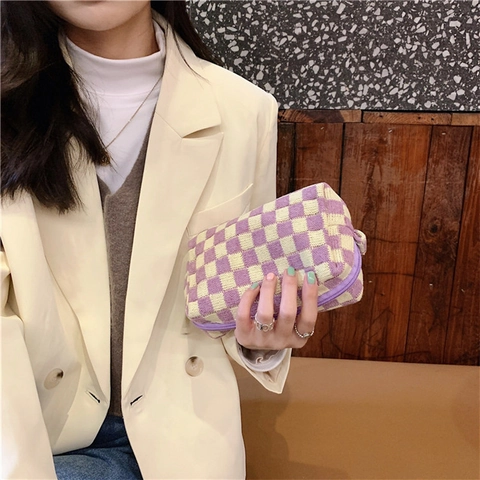 Knitted Checkerboard Cosmetic Bag Contrast Color Wool Pouch Zipper Storage Case For Makeup Stationery Travel Organizing