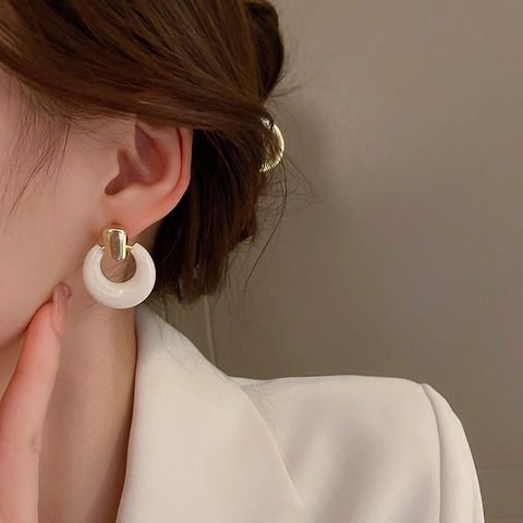 Geometric Round Hoop Earrings Alloy Enamel Drip Oil Dangle With Silver Earring Post For Women Fashion Retro Jewelry