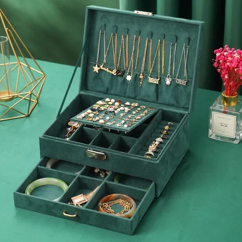 Schmuckkästchen Samt Mehrschichtig Große Kapazität Organizer Mit Schloss Für Ohrringe Ringe Halsketten Uhren Tragbarer Vintage Stil