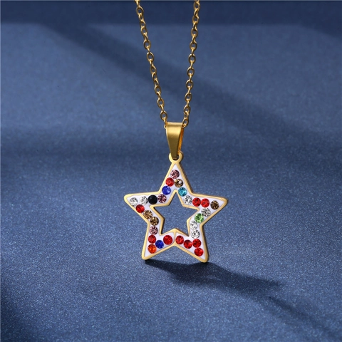 Star Pendant Necklace 304 Stainless Steel Colorful Rhinestone Enamel Hollow Pentagram Hip Hop Jewelry For Women Gold