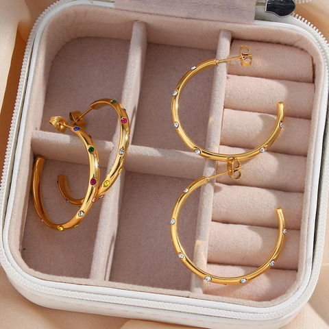 Hoop Ohrringe 18K Vergoldet Edelstahl Mit Bunten Zirkonia Geometrischer Modeschmuck Für Damen