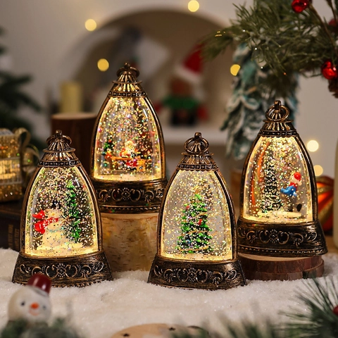 Weihnachten Schneekugel Laterne Vintage LED Nachtlicht Schwebender Glitzer Feiertag Tischdeko Weihnachtsmann Schneemann