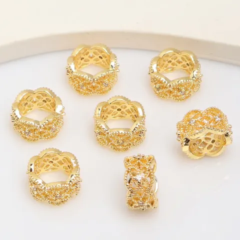 Hollow Large Hole Spacer Beads Copper Gold Plated With Cubic Zirconia For DIY Jewelry Making Bracelet Charm