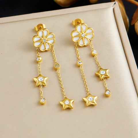 Pendientes De Borla De Acero Inoxidable Estilo Francés Vintage Chapados En Oro Flor De Concha Blanca Estrella Strass Para Mujeres
