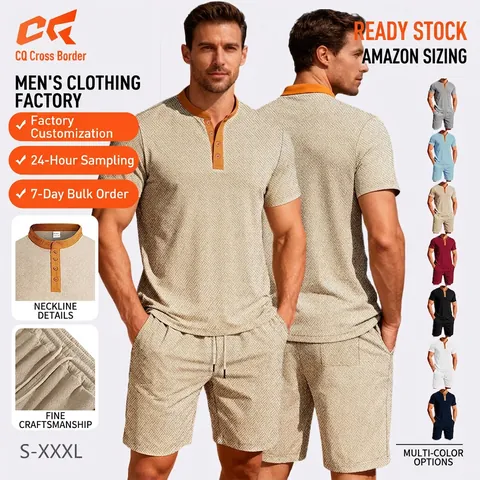 Hommes Henley T-Shirt Et Shorts Jacquard Polyester Casual Été Plage Vacances Tenue De Loisirs Manches Courtes Respirant