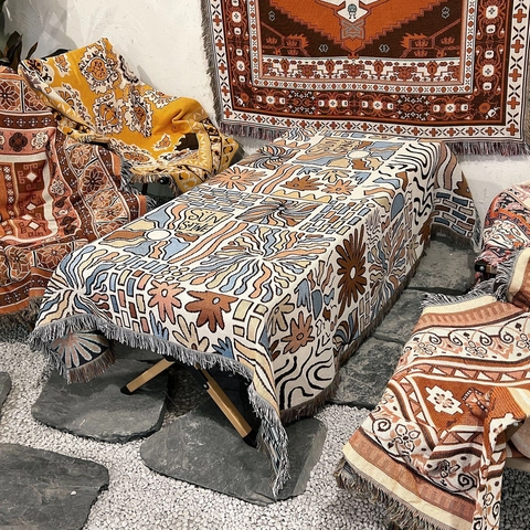 Bohemian Woven Blanket Throw Cotton Tassel Sofa Cover Multi Purpose Camping Picnic Ethnic Style Sun Pattern Decorative Shawl