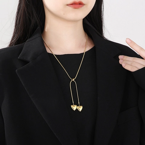 Hart Hanger Dubbel Hart Roestvrij Stalen Ketting Slangenketting Verstelbare Schuifgesp Y-Vormige Sieraden