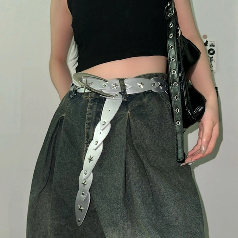 Women PU Leather Belt With Alloy Star Studs Millennium Hip Hop Punk Style Waist Chain Retro Decorative Accessory