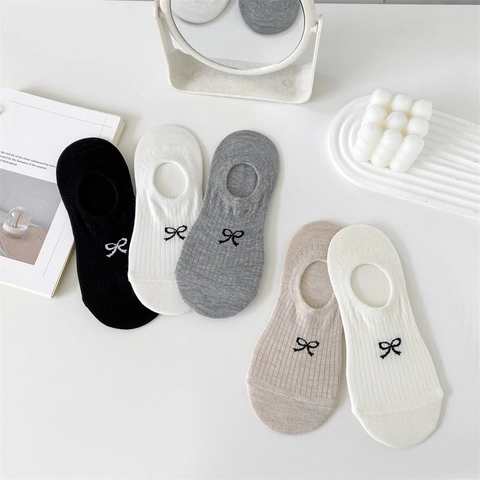 Calzini Invisibili Dolce Ricamo Fiocco Maglia A Costine Poliestere Taglio Basso Silicone Antiscivolo Donne Versatile
