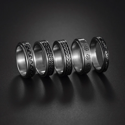 Bague Spinner En Acier Inoxydable Soulagement Du Stress Anxiété Bande Vague De Mer Fleur Gravée Bijoux Unisexes