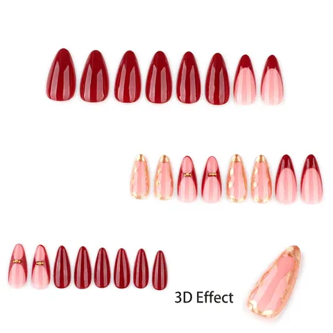 Uñas Postizas A Presión Rojas Francesas Forma Almendra Con Decoración De Ondas Doradas 3D Manicura Ojo De Gato Para Mujeres