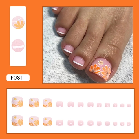 Faux Ongles Pieds À Presser Patchs Artificiels Motif Floral Marbre Pédicure Mode Accessoires Femme