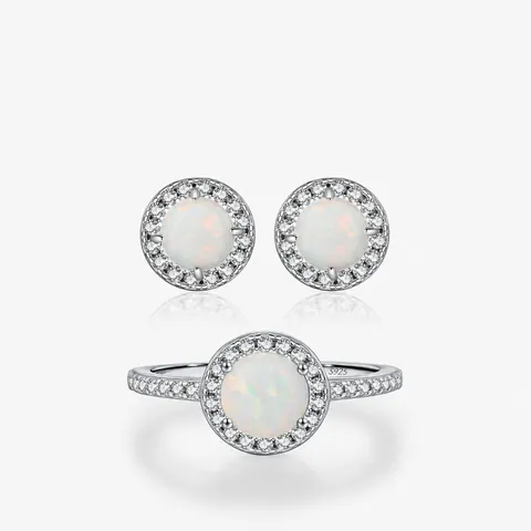 925 Sterling Silver Round White Opal Ring And Earrings With Cubic Zirconia French Chic Elegant Jewelry For Women