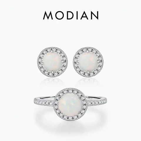 925 Sterling Silver Round White Opal Ring And Earrings With Cubic Zirconia French Chic Elegant Jewelry For Women