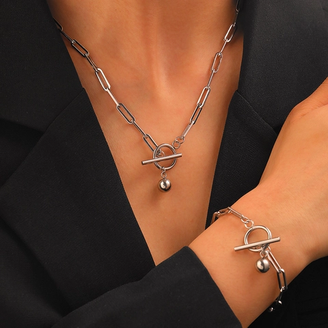 Minimalista Acciaio Inossidabile Catena a Graffetta Collana Bracciale Gioielli Con Pendente a Sfera Chiusura a T Moda per Donna