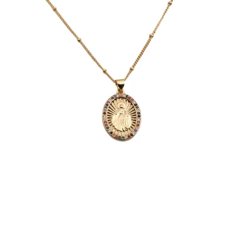 Collier Pendentif Vierge Marie Notre Dame De Guadalupe Cuivre Zircon Pierres Colorées Bijoux Religieux