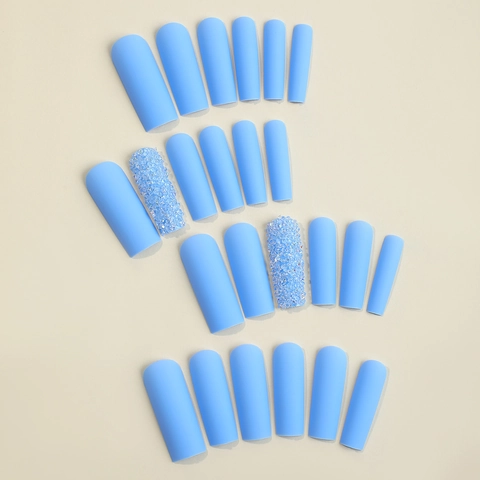 Ματ Γαλάζια Έξτρα Μακριά Τεχνητά Νύχια Φέρετρο Με Στρας Γκλίτερ Διακοσμητικά Ψεύτικα Νύχια Για Γυναίκες
