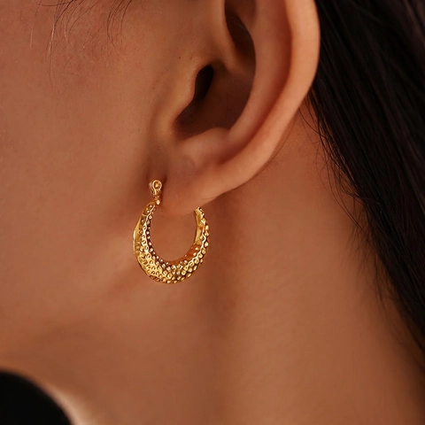 French Ins Style Hammered Texture C-Shaped Hoop Earrings For Women Stainless Steel PVD Gold Silver Color Niche Design Jewelry Gift