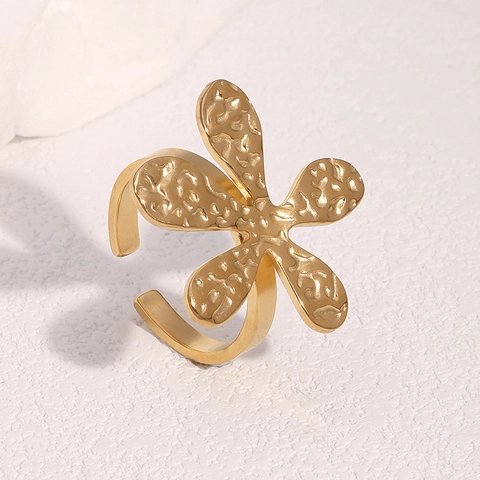 Anillo Flor Acero Inoxidable Abierto Ajustable Textura Martillada Floral Minimalista Elegante Joyería Mujer Chapado Oro 18K