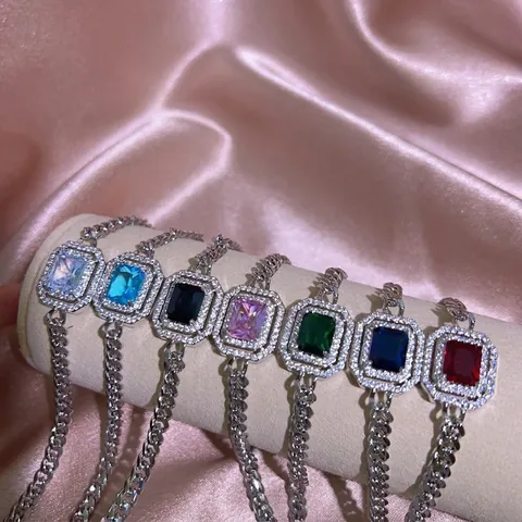 Luxus Armband Mit Quadratischem Edelstein Kupfer 18K Vergoldet Panzerkette Zirkonia Halo Mode Schmuck Für Damen