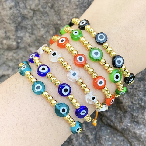 Bohemian Evil Eye Braided Rope Bracelet Handmade Adjustable Copper Gold Plated Beads Nazar Amulet Jewelry For Women