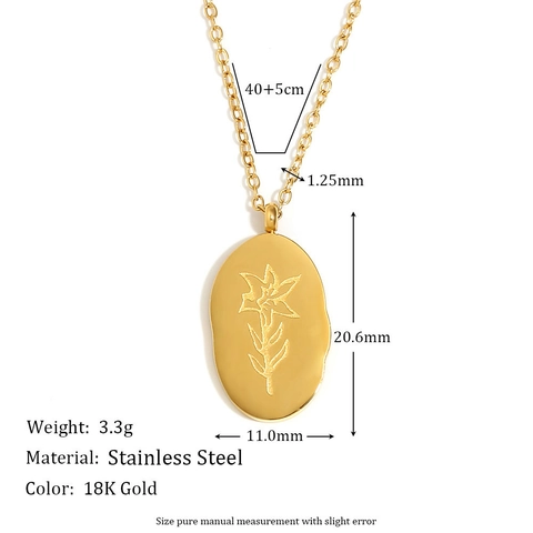 Collier Pendentif Fleur de Naissance Ovale en Acier Inoxydable Plaque Or Gauffré Collier Floral Pour Femmes Chaîne Clavicule