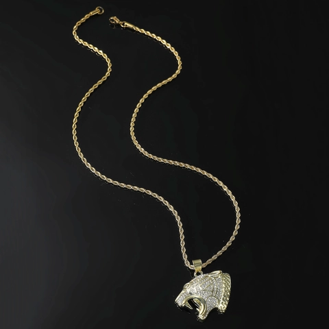 Leopard Head Pendant Necklace Zinc Alloy Rhinestone Sparkling Stainless Steel Rope Chain Hip Hop Men Jewelry