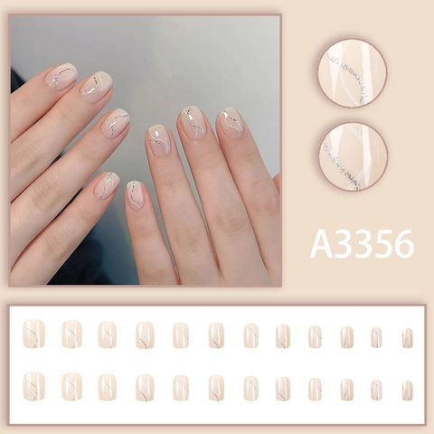 Short Square Round Press On Nails Nude Pink With Silver Glitter Wave Line Geometric Artificial Fake Nails For Women
