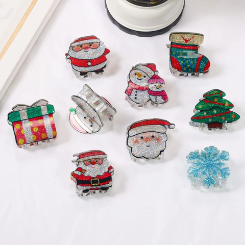 Pinces À Cheveux De Noël Acrylique Paillettes Père Noël Bonhomme De Neige Arbre Flocon De Neige Pour Femmes Filles