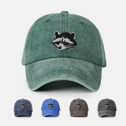Washed Baseball Cap With Raccoon Embroidery Vintage Adjustable Retro Sun Protection Breathable Outdoor Sport Hat For Unisex