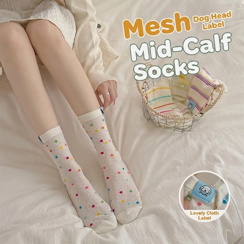 Damen Crew Socken Baumwolle Mesh Atmungsaktiv Dünn Bunte Streifen Punkte Sterne Preppy Style Mit Welpen Etikett