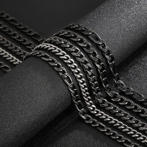 Collar De Cadena Cubana Y Figaro Para Hombre Acero Inoxidable Vintage Negro Desgastado