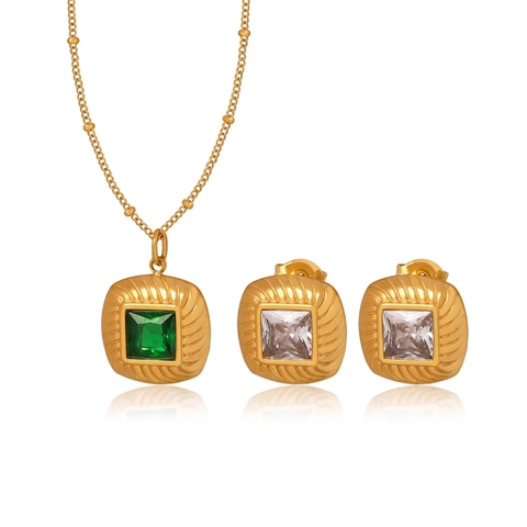 Collana E Orecchini Con Pendente Quadrato In Acciaio Inossidabile Pietra Di Vetro Zircone Gioielli Retrò Per Donna