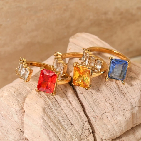 Cubic Zirconia Open Ring Stainless Steel Adjustable Colorful Rectangular Stone Chic Fashion Jewelry For Women