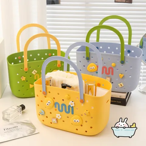 Portable Color Blocked Bath Basket Hollow Plastic Storage Tote Bag With Handles DIY Cartoon Charms For Shower Bathroom