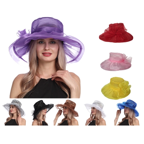 Women Organza Sun Hat Wide Brim Flower Kentucky Derby Church Party Elegant Breathable Foldable Wedding Summer