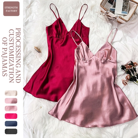 Women Satin Nightdress V Neck Spaghetti Strap Sexy Backless Sleepwear Satin Like Satiny Lingerie For Ladies