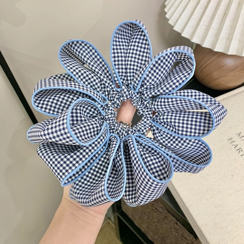 Übergroßes Blumen Haargummi Blau Weiß Gingham Stoff Haarseil Hochelastisch Pferdeschwanz Halter Damen Mädchen Koreanischer Stil