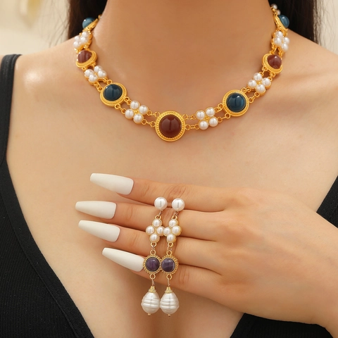 Colección de Joyas Estilo Palacio Vintage para Mujer Collar Y Pendientes de Aleación de Zinc Piedras Multicolor Perlas Artificiales