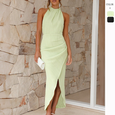 Elegante Geplooide Halter Maxi Jurk Voor Dames Mouwloos Hoge Split Rugloos Bodycon Avondfeest Vakantie Effen Kleur